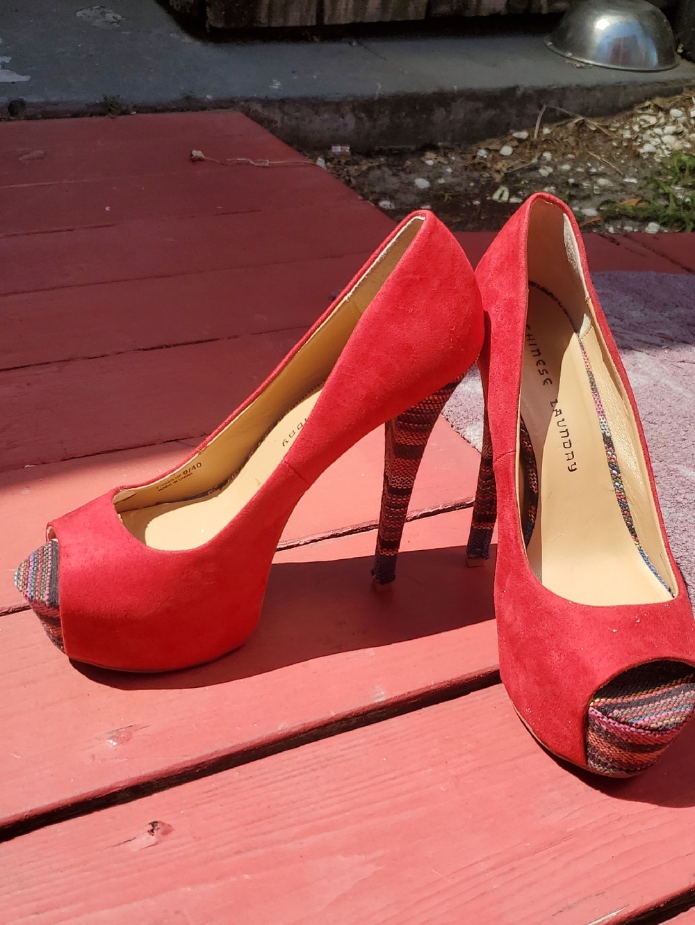 Chinese Laundry Red Suede Peep-Toe Platform Heels, Brand New.